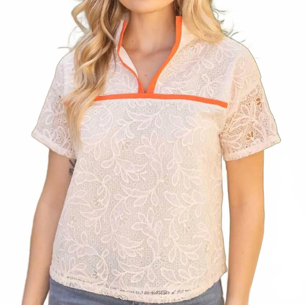 NEW VOY women's lace v-neck top in ivory/orange